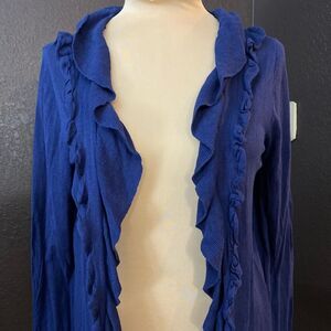 Ann Taylor navy academia ruffle‎ shawl collar open front fine knit silk cardigan
